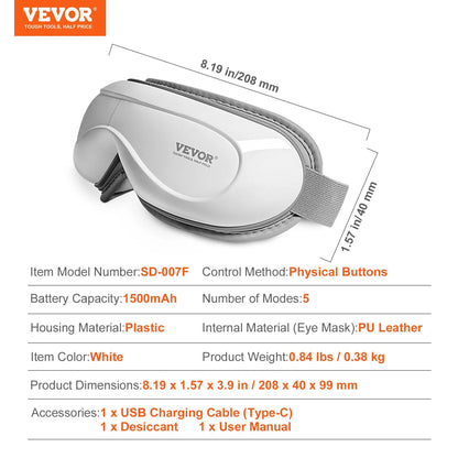 VEVOR Heated Eye Massager Eye Care Device 5 Modes Bluetooth Music 180 Foldable