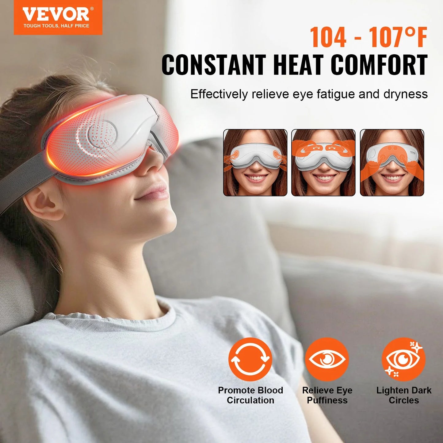 VEVOR Heated Eye Massager Eye Care Device 5 Modes Bluetooth Music 180 Foldable